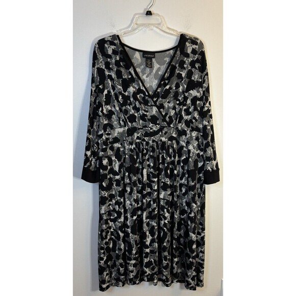 LANE BRYANT Black Gray Leopard Print Faux Wrap Dress Plus 18/20 Midi Work Casual - Picture 1 of 9